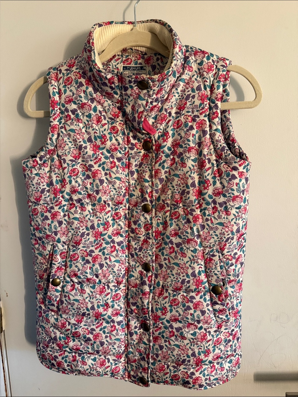Joules Cream Floral Quilted Vest with Pink & Teal Accents
